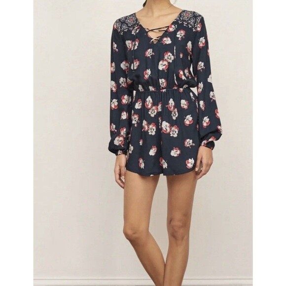 Abercrombie & Fitch Navy Floral Lace Up Long Sleeve Romper Boho Festival Size S - Picture 1 of 10